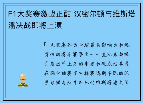 F1大奖赛激战正酣 汉密尔顿与维斯塔潘决战即将上演